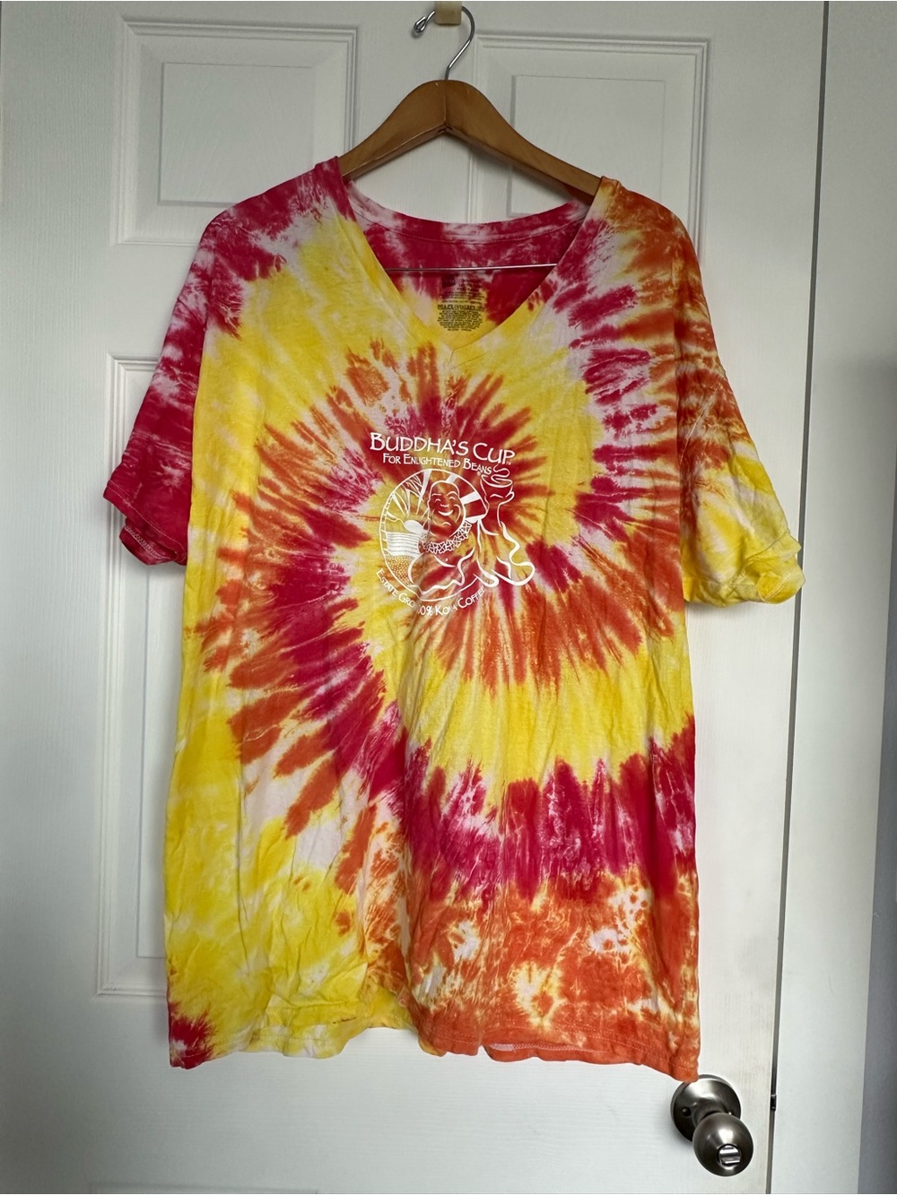 Hanes Women's Tie-Dye V-Neck Tee in Yellow, Pink & Orange with Buddha Graphic